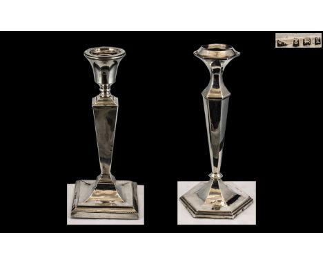 Edwardian Period - Single Sterling Silver Classical Style Square Based Candlestick with Tapered Column. Height 7 Inches - 17.