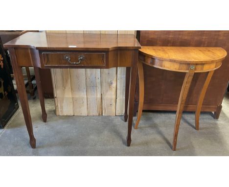 A mahogany single drawer console table and a yew wood demi lune side table 