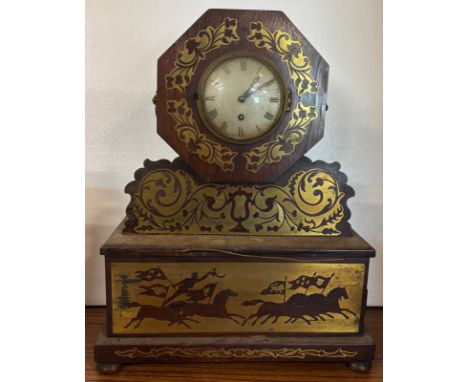 A 19th Century American rosewood and brass inlaid mantle clock, a/f