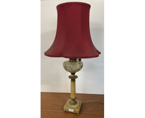 An early 20th Century onyx and hand painted glass oil lamp, converted for electricity