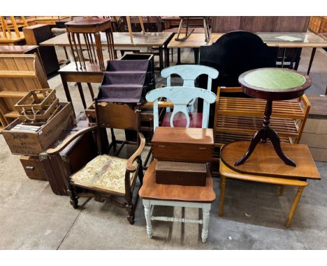 A large quantity of assorted furniture, including; a suitcase, shove penny board, pine crates, barometer, etc.