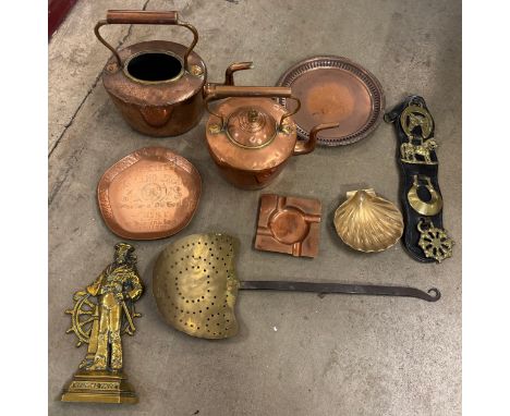 A collection of metalware including copper kettles and other brass and copper items together with a clock, a pendant lamp wit