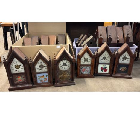 Two boxes of 19th Century American steeple cased shelf clocks and clock cases 