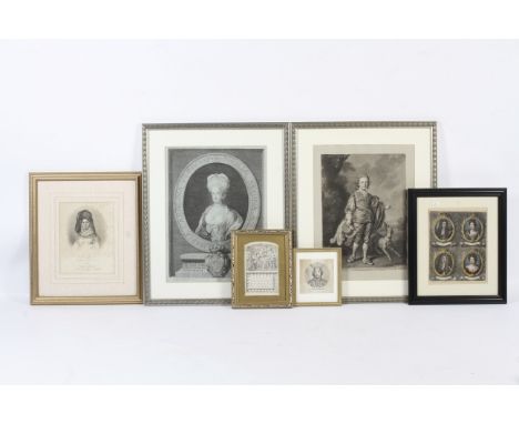 Various early 18th-19th century portrait engravings. Including a mezzotint of The Royal Family, with King William,, Queen Mar