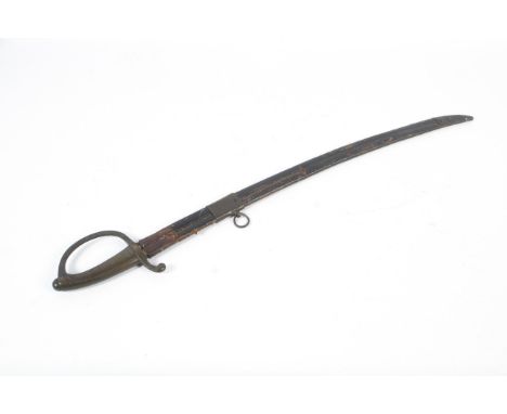 A 19th century French sabre. With ribbed brass grip, curved hand guard and scroll hilt, in leather scabbard, the blade 66.5cm