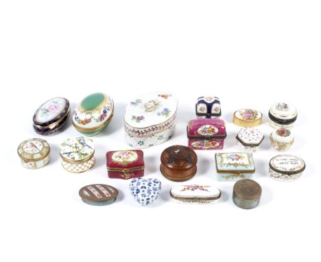 A collection of 20th century gilt-metal mounted trinket and pill boxes. Including Sevres-style examples, Falcon China, brass 