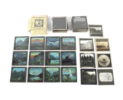 A collection of magic lantern slides. Including: late 19th/early century black and white and coloured images of ships, landsc