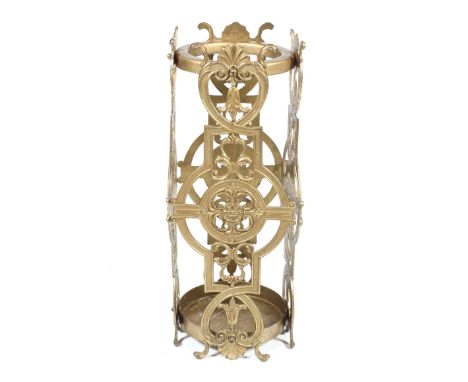 A decorative gilt stick stand of cylindrical form. With four pierced fretwork panels of rococo style, H56cm