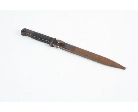 A German WW2 K98 bayonet. The blackened blade with single, fullered edge, marked E Pack &amp; S, numbered 5250, the steel sca