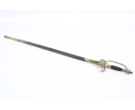 A German dress sword by Gebr Weyersberg, Solingen. With leather grip, brass hand guard, leather and brass scabbard, approxima