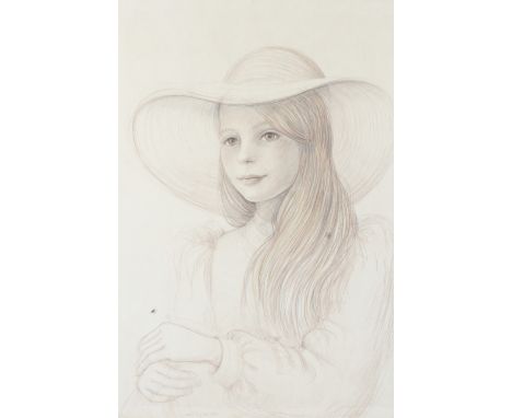 A coloured pencil portrait sketch of a young lady, circa 1970. Signed Janice Day Gadselons lower left, framed, 78cm x 52.5cm 