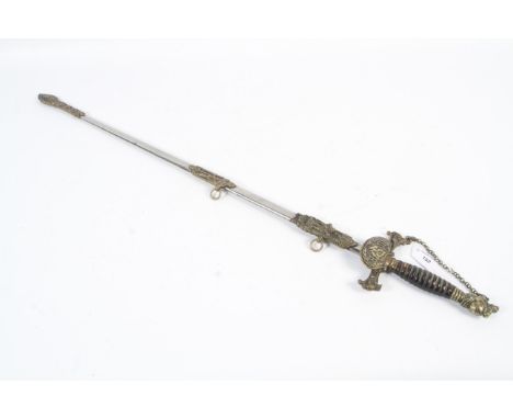 An early 20th century American Masonic sword by Pettibone MFG Co, Cincinnati, Ohio. Wire bound grip and knight pommel, with s