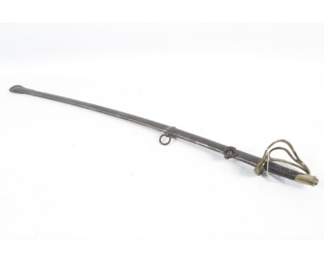 A cavalry sword. With ribbed leather style grip and brass hand guard, steel scabbard, approximately 110cm long Condition Repo