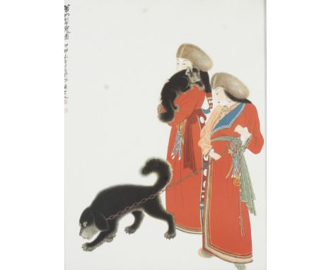 Zhang Daqian (Chinese 1899-1983). Coloured lithograph, Tibetan Women with their Dogs, circa 1960, calligraphic inscription, w