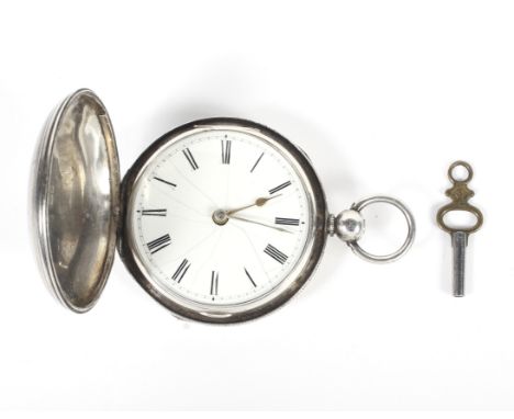 A full hunter silver pocket watch, The white enamel dial with Roman numerals, the case with engine turned decoration, London 