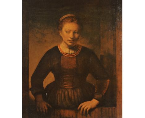 A lacquered print on board of a portrait of lady after Rembrandt, within giltwood frame. 50cm x 59cm exc. frame 
