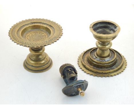 A pair of Eastern polished bronze stands with engraved decoration, together with a cast bust.