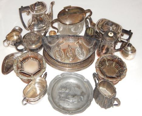 A collection of Victorian and later silver plated ware, to include three entree dishes, a gadrooned four piece tea set, a pai