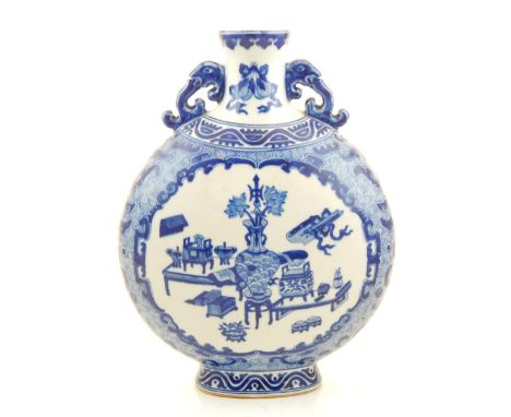 A Chinese blue and white porcelain moon flask, with twin elephant head handles, the body decorated with vignettes of Chinese 