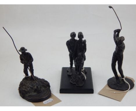 A bronze figure of a golfer, together with a bronze figural group of a family, and another bronze figure. (3)