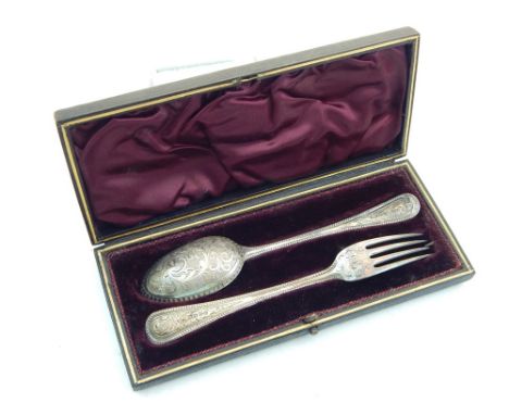 A Victorian silver christening fork and spoon, Josiah Williams & Co London 1889, with beaded, floral engraved decoration, cas