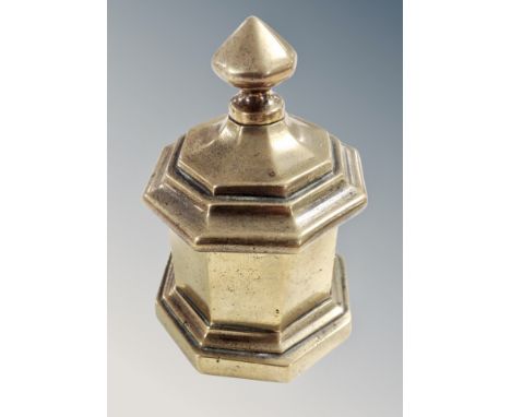 A Victorian brass lidded snuff box, height 14 cm