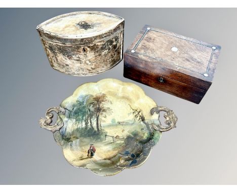 A Georgian navette-shaped caddy, further Victorian inlaid walnut box and a papier maché dish CONDITION REPORT: Some damages. 