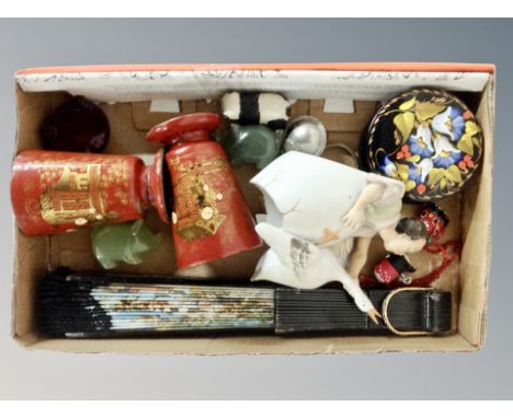 A small tray of collectables, hand painted and signed Ukraine lacquer box, jade carvings, Japanese figure group etc 