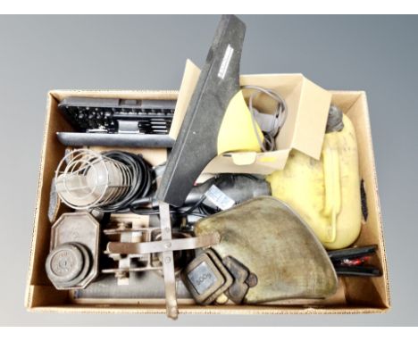 A box containing kitchen scales, drill bit set, window vac etc