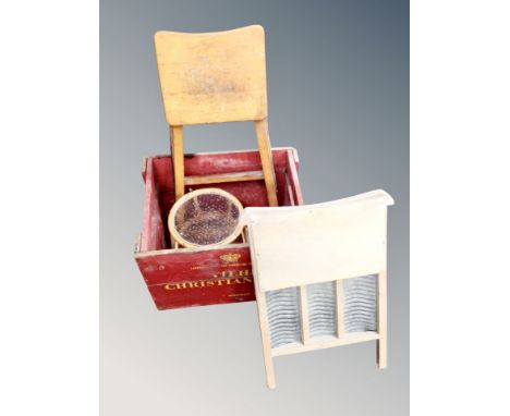 A vintage pine crate bearing advertisement, a pine wash board, bamboo plant stand and a folding stool step 