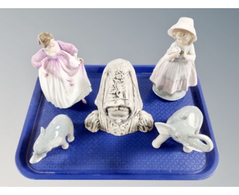 A Royal Doulton figure - HN3420 Ashley together with a Nao figure of a girl, two further Spanish elephant figures and a bust 