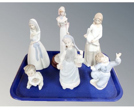 A tray of two Nao figures - Chidren together with three further Spanish figures and Leonardo Elegance figure 