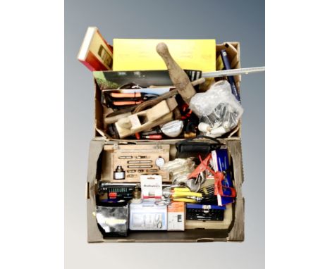 Two boxes of vintage and later hand tools, gardening tools, cased miniature tool kit, finger plane, caravan wing mirrors 