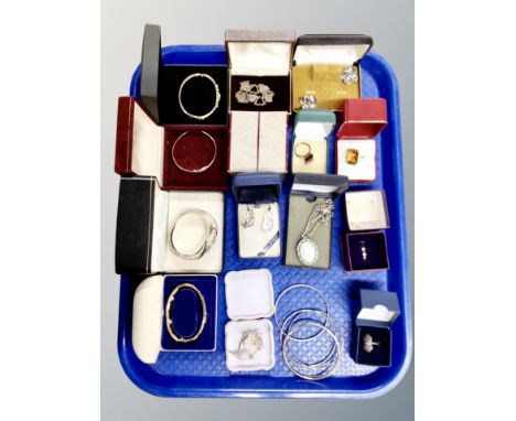 A tray of costume jewellery, rolled gold bangle, silver and dress rings, watch, bracelets etc 