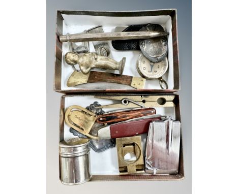 A Ronson lighter, pen knives, small compass, cigar cutter etc