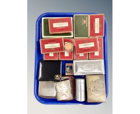 A tray of Rowenta table lighter, vintage cigarette tins, cigarette boxes, Burberrys cigarette case 