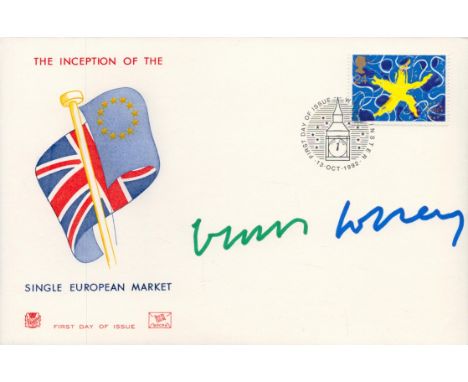 David Hockney, a signed (in green and blue ink) 1992 Inception of the Single European Market FDC with insert. The stamp was d