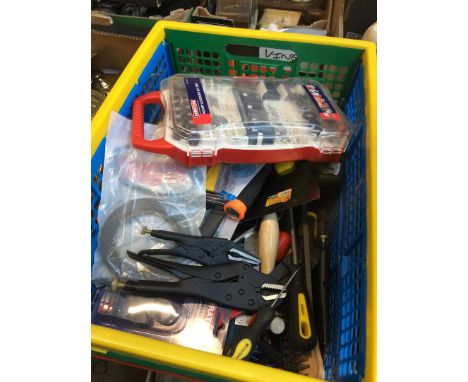 A box of tools and garageware incl callipers etc 