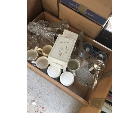 A box containing mugs, decanter, jug, glassware, etc 