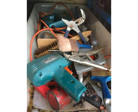 A large plastic box containing various tools to include Black &amp; Decker drill, etc 