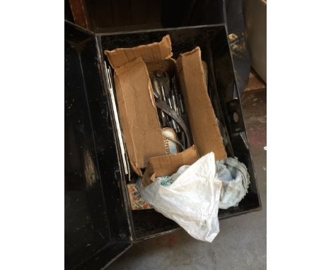 A tin box containing engineering tools etc 