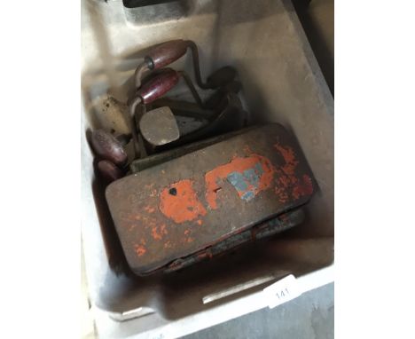 A crate of vintage tools including socket sets etc 