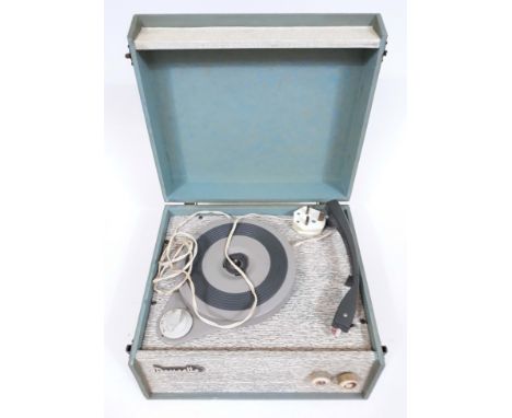 A Dansette portable record player in turquoise and textured grey. 