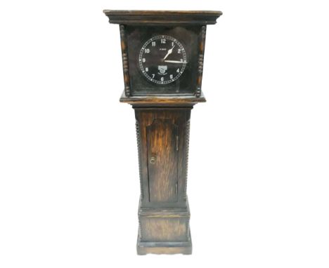 A miniature oak long case clock with smiths car clock, height 37cm. 