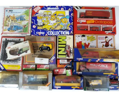 22 Corgi diecast models including Weetabix, Datapost, Bash Street Kids, We're on the Move, 150th Anniversary of the Penny Pos