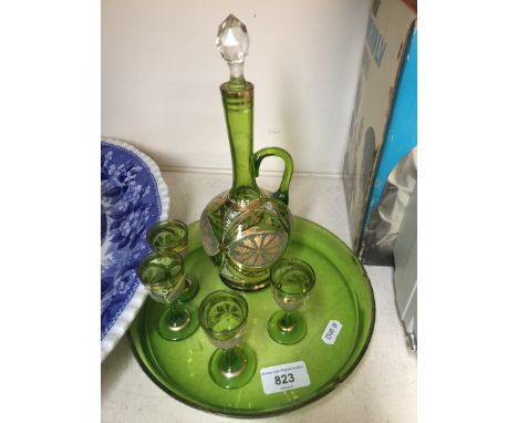 Gilt gteen glass decanter set 