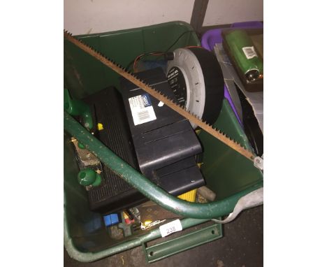 A box of various tools, extension lead, etc 