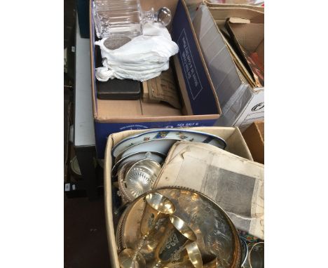 Two boxes of various items including an Edinburgh crystal decanter, plated ware etc. 