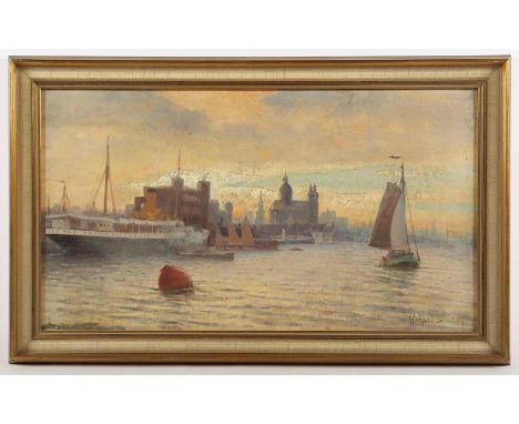HERPEL, Franz Carl (1850-1933), "Hafen von Amsterdam bei Sonnenaufgang", Öl/Lwd., 31 x 55, auf Karton aufgezogen, unten recht