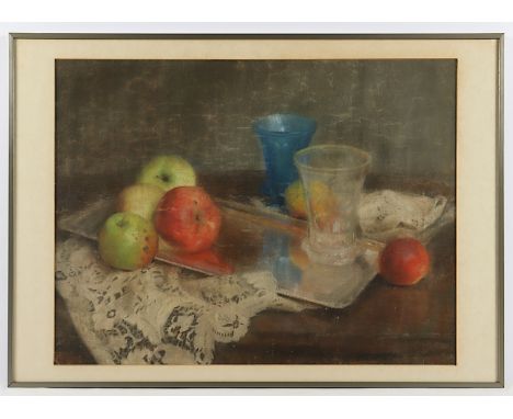 AQUARELLIST DES 20.JH., "Stilleben mit Äpfeln", Pastell/Papier, 43,5 x 57 (Passepartoutausschnitt), besch., unten rechts unle